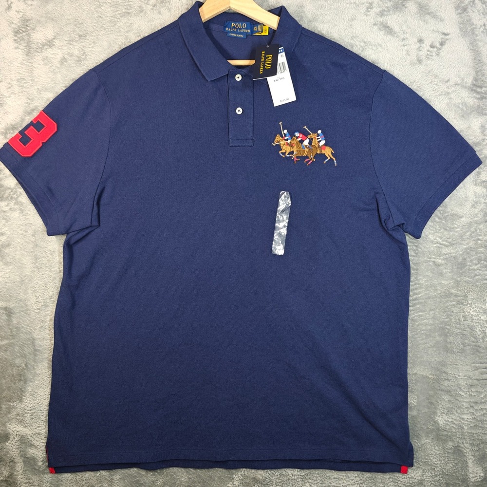 Polo Ralph Lauren Polo Shirt Mens XXL Navy Blue Triple Pony Custom Slim Fit